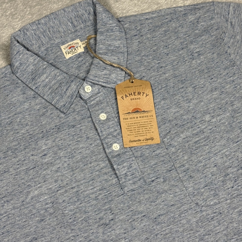 Faherty Polo Shirt Mens XXL Blue Heathered‎ Slub Jersey Pocket MKU2267-LBL NEW